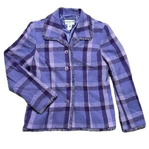 Vtg Pendleton Blazer Womens Size 8 Purple Plaid Fringe Hem Tweed Maximalist Wool